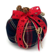 Φόρτωση εικόνας στο εργαλείο προβολής Συλλογής, Κολοκύθα από βαμβακερό καρό ύφασμα σε μπλε βάση, διακοσμημένη με μικρά κουκουνάρια, υφασμάτινες κορδέλες και ξύλινα στοιχεία.