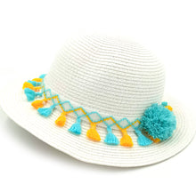 Φόρτωση εικόνας στο εργαλείο προβολής Συλλογής, Παιδικό καπέλο για κορίτσια με διακοσμητική τρέσα με φουντάκια τιρκουάζ - κίτρινο