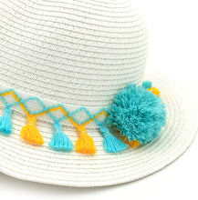 Φόρτωση εικόνας στο εργαλείο προβολής Συλλογής, Παιδικό καπέλο για κορίτσια με διακοσμητική τρέσα με φουντάκια τιρκουάζ - κίτρινο